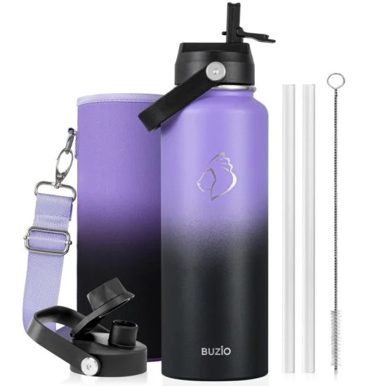Buzio Duet Series Water Bottle with 2 Lids and Sleeve 1.2L - Purple Black